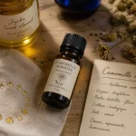 Huiles essentielles camomille romaine : huile apaisante, flacon ambré et fleurs séchées