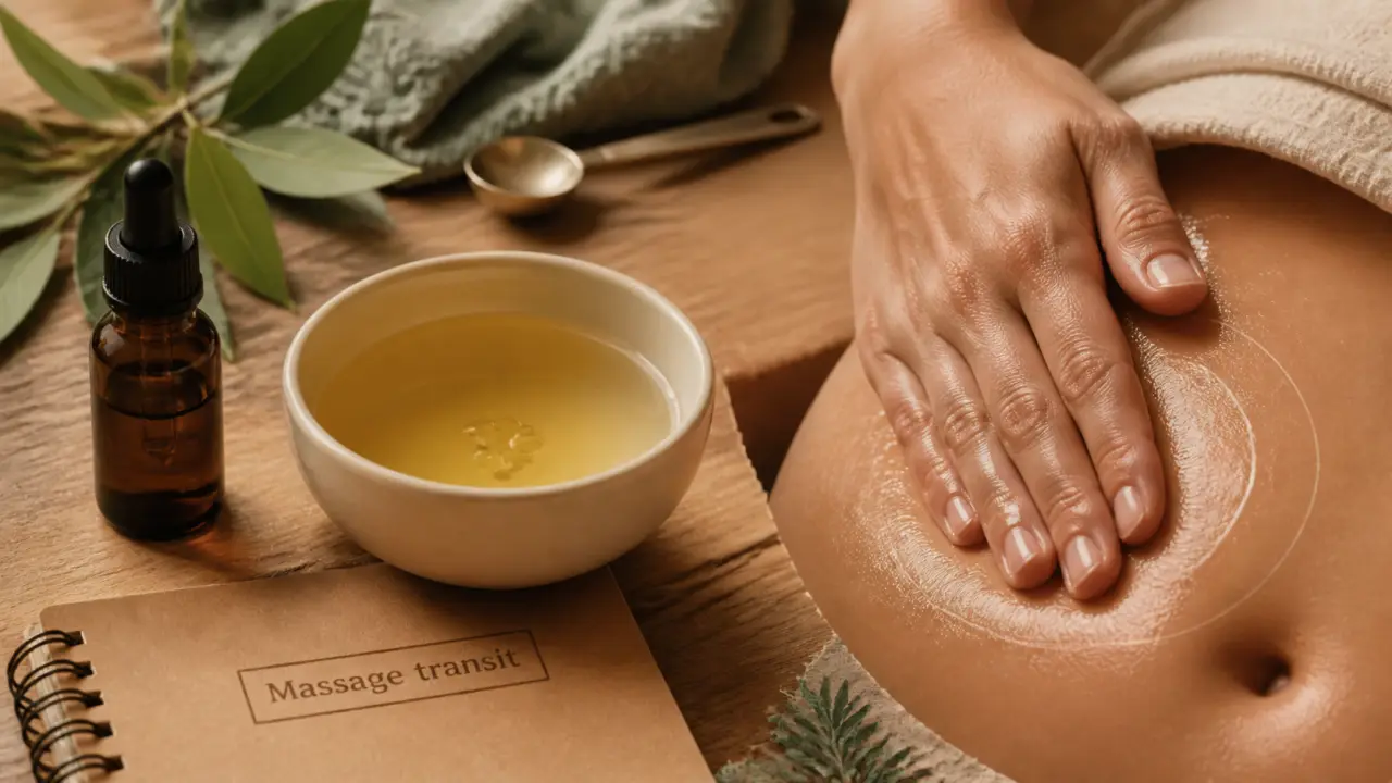 Huiles essentielles et constipation : massage abdominal au gingembre et huile en gouttes