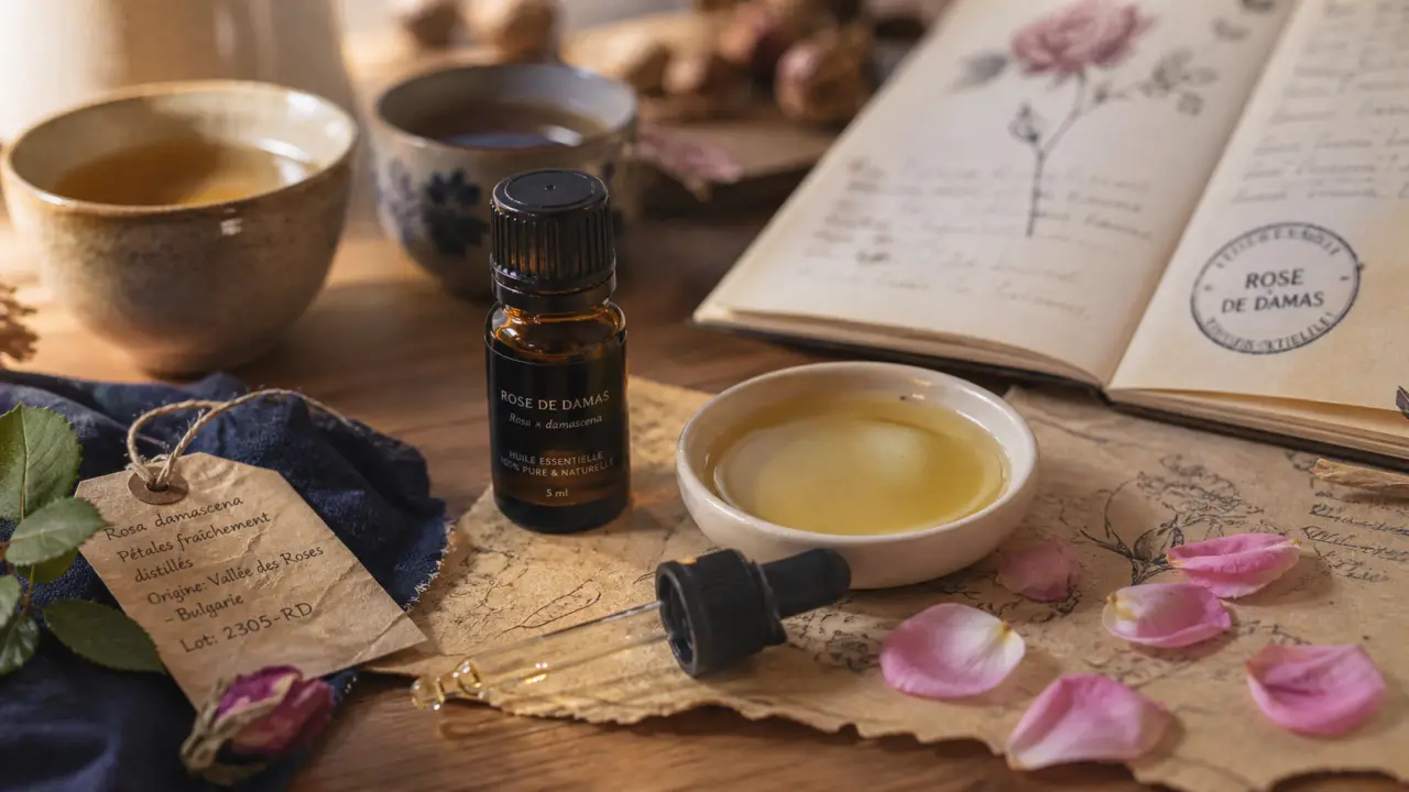 Huiles essentielles rose de damas en flacon ambré, dilution 5 % peau et émotions