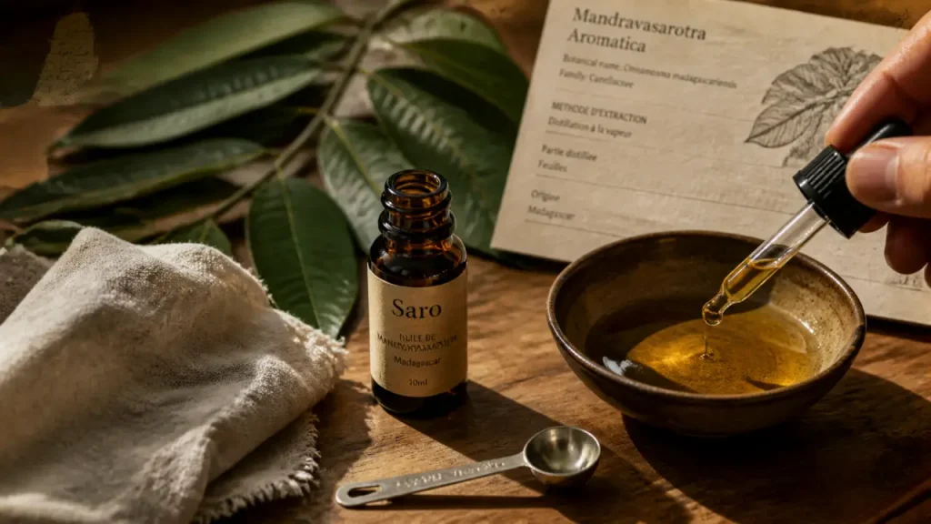 Saro huiles essentielles : flacon ambré sur table en bois, dilution pour rhume et bronches
