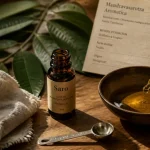 Saro huiles essentielles : flacon ambré sur table en bois, dilution pour rhume et bronches