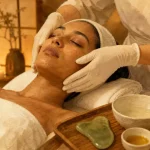 Soin du visage japonais Kobido : drainage et effet lifting, mains en lissage sur le visage