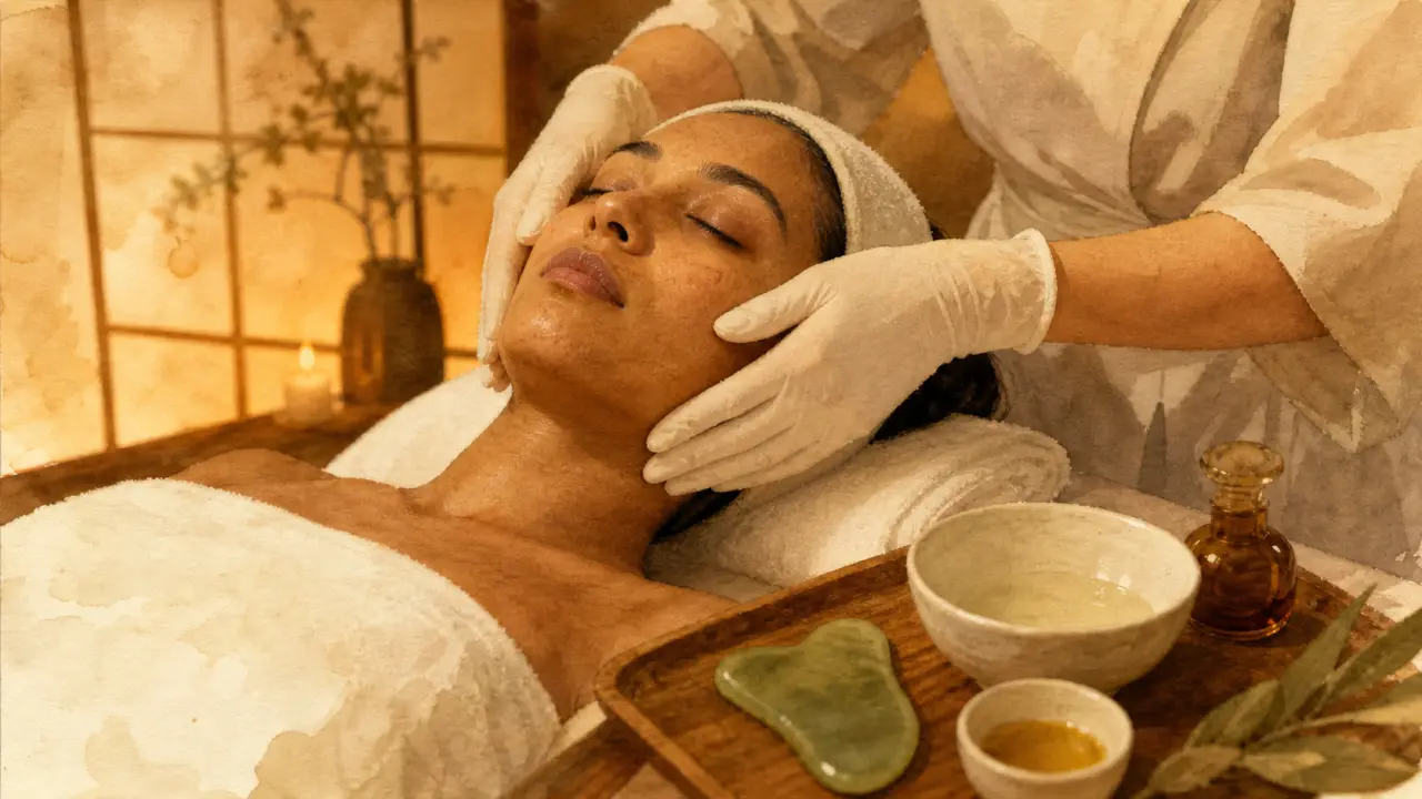 Soin du visage japonais Kobido : drainage et effet lifting, mains en lissage sur le visage