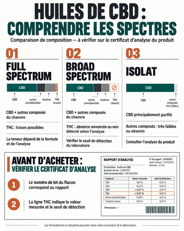 Infographie comparative des compositions d’une huile CBD full spectrum, broad spectrum et isolat
