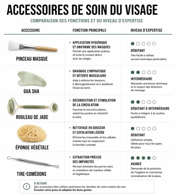 Infographie comparative des accessoires de soin visage : fonctions et niveaux d'expertise pour choisir son accessoire soin visage.