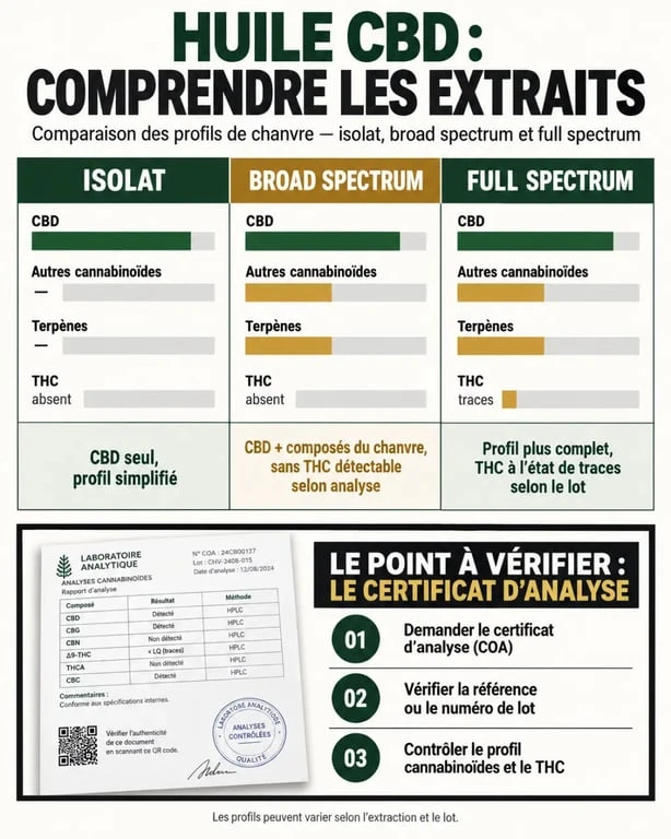 Comparaison visuelle d’une huile CBD broad spectrum avec les extraits isolat et full spectrum
