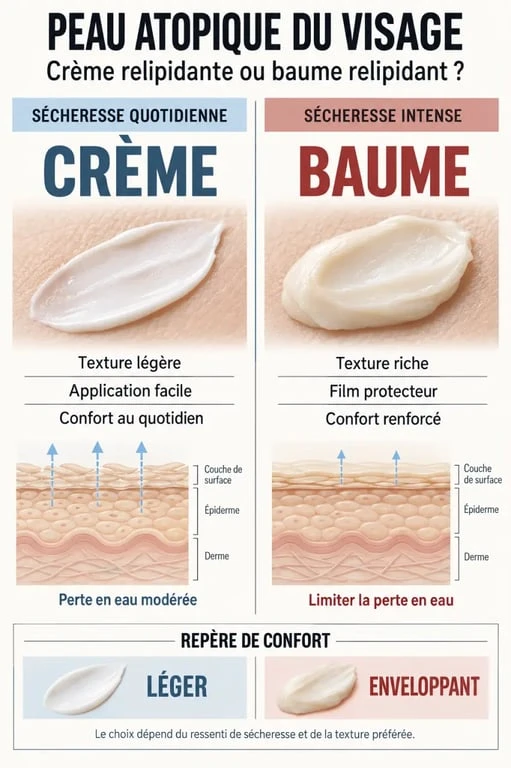 Crème peau atopique visage : comparaison entre crème et baume relipidants