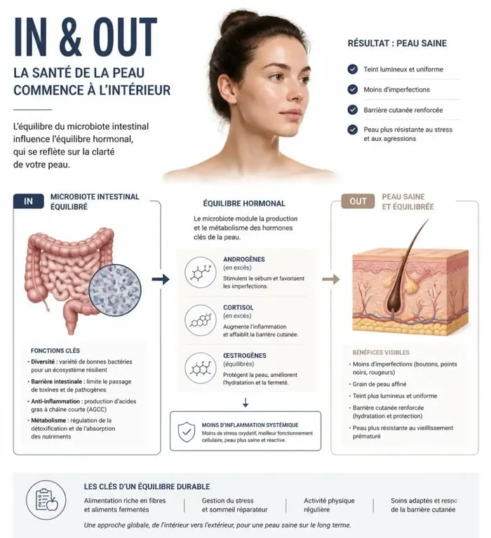 Infographie sur l'approche in & out pour traiter l'acné avec des compléments alimentaires