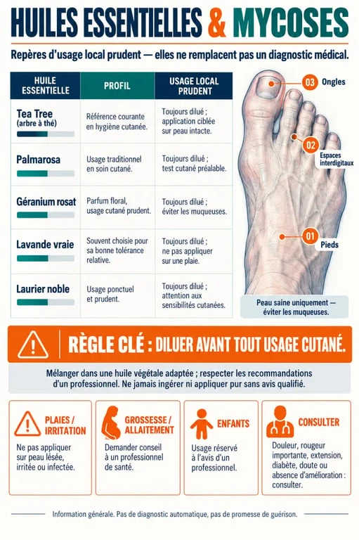 Infographie sur les huiles essentielles antifongiques, leurs usages et précautions