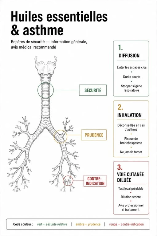 Huiles essentielles asthme : visuel de synthèse des précautions, voies d’usage et situations à risque