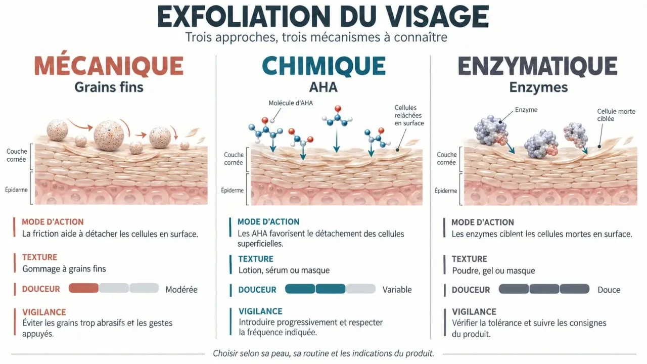 Soin exfoliant visage : comparaison entre exfoliation mécanique, chimique aux AHA et enzymatique