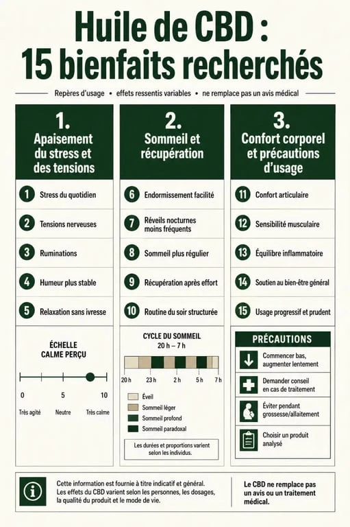 Infographie huile cbd 15 bienfaits : stress, sommeil, tensions et précautions