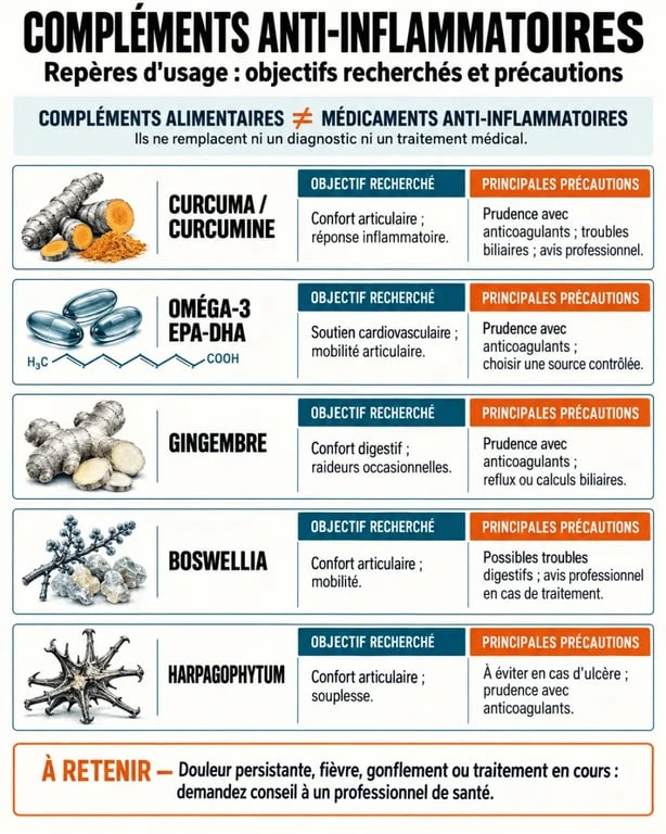 Complément alimentaire anti inflammatoire : infographie des actifs, usages et précautions