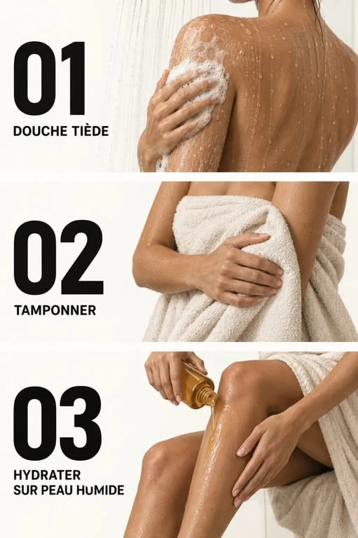 Routine de soin corps naturel après la douche en trois étapes