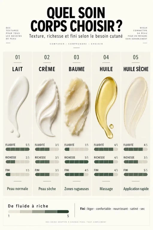 Soin corps naturel : comparaison visuelle des textures lait, crème, baume, huile et huile sèche