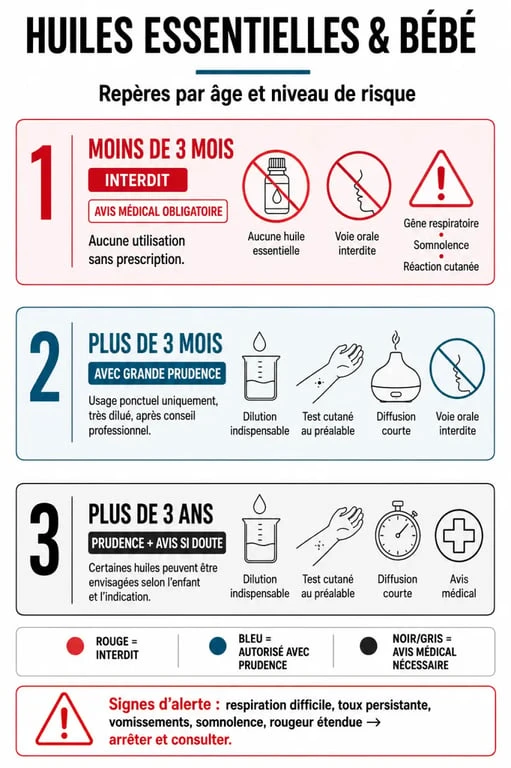 Huiles essentielles bébé : infographie des âges, usages autorisés et interdits