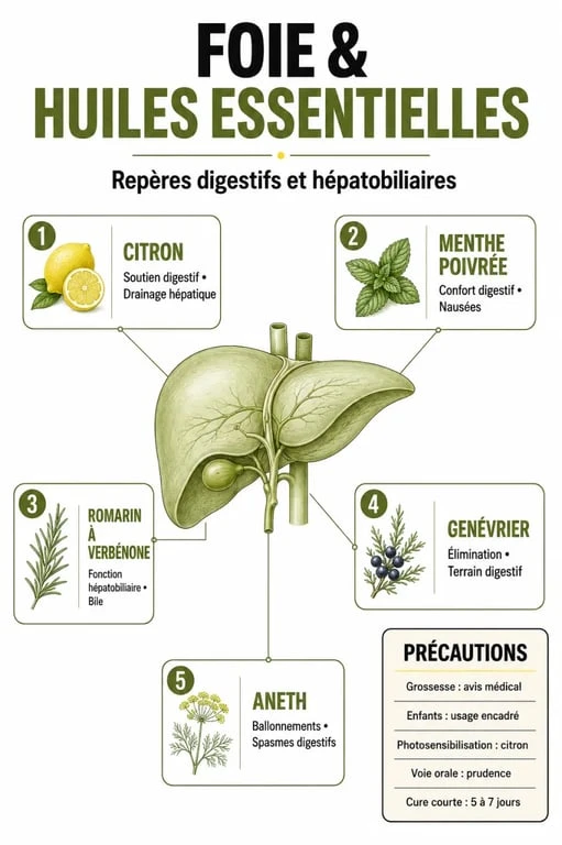 Foie et huiles essentielles : infographie sur les usages, les précautions et les contre-indications