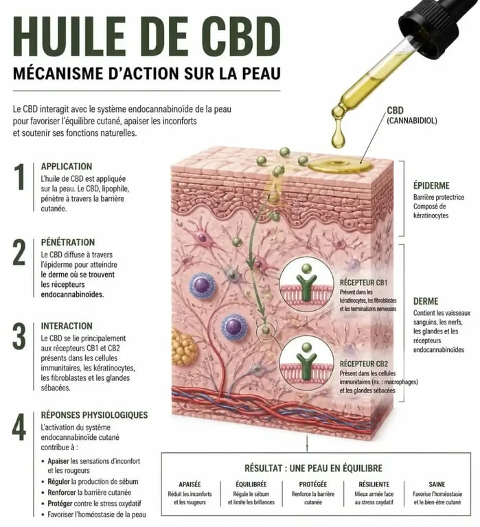 Schéma explicatif du mécanisme d'action de l'huile de massage au CBD sur les récepteurs cutanés