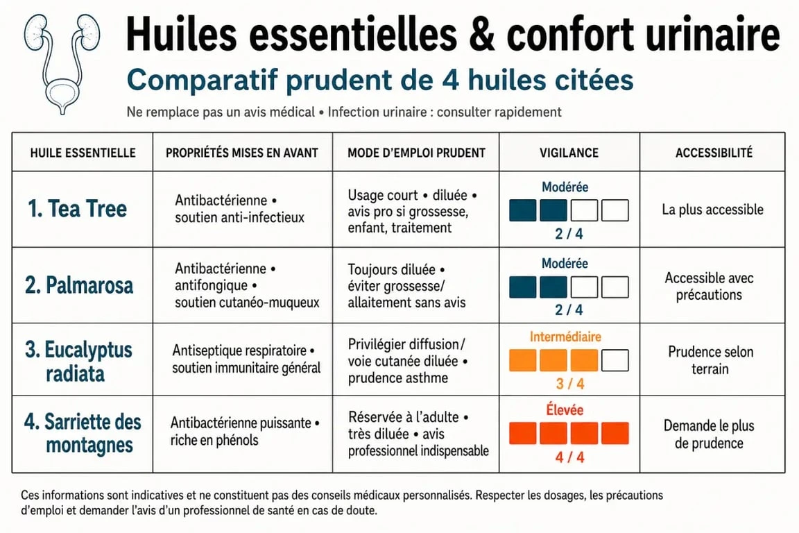 Huiles essentielles infection urinaire : tableau comparatif des huiles, usages prudents et niveaux de vigilance