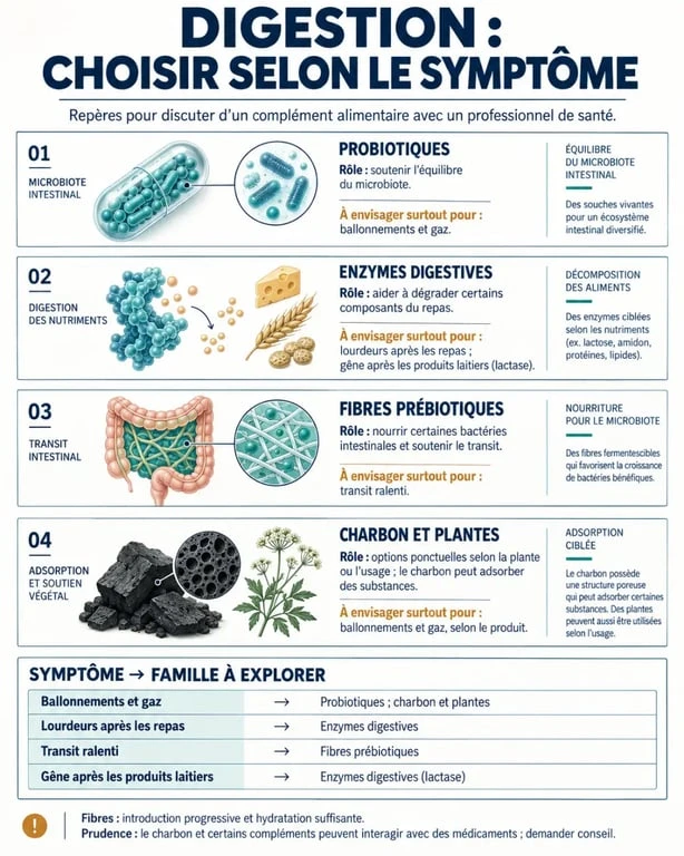 Complément alimentaire digestion : familles d’actifs selon les ballonnements, lourdeurs et troubles du transit
