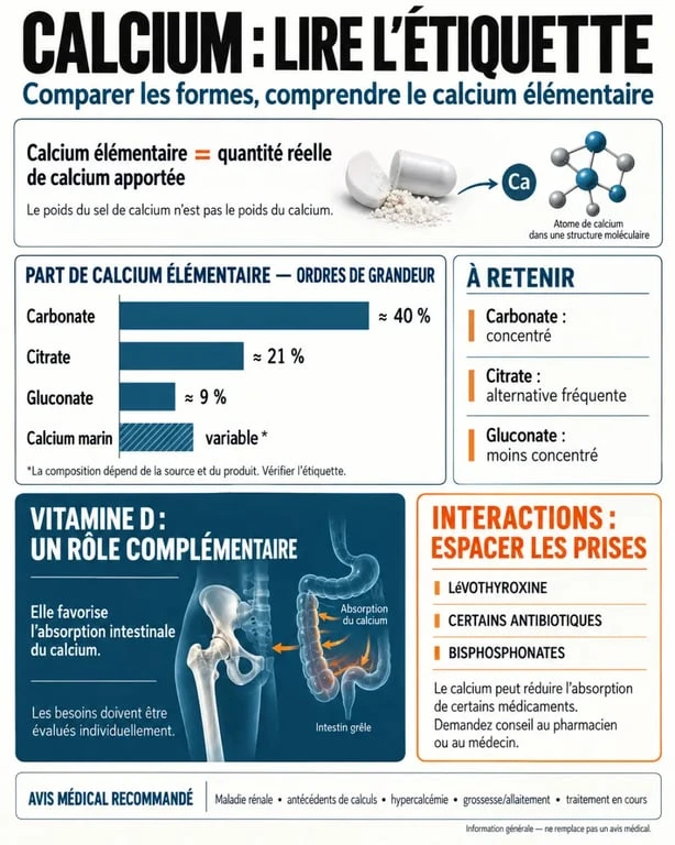 Complément alimentaire calcium : formes, calcium élémentaire, vitamine D et précautions
