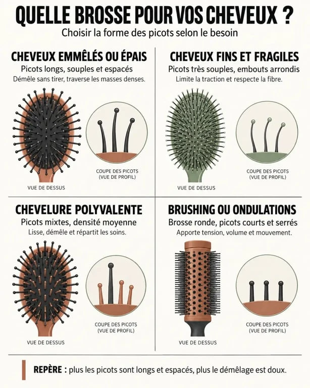 Infographie coquetteetnaturelle.com beauté naturelle : choisir une brosse selon son type de cheveux