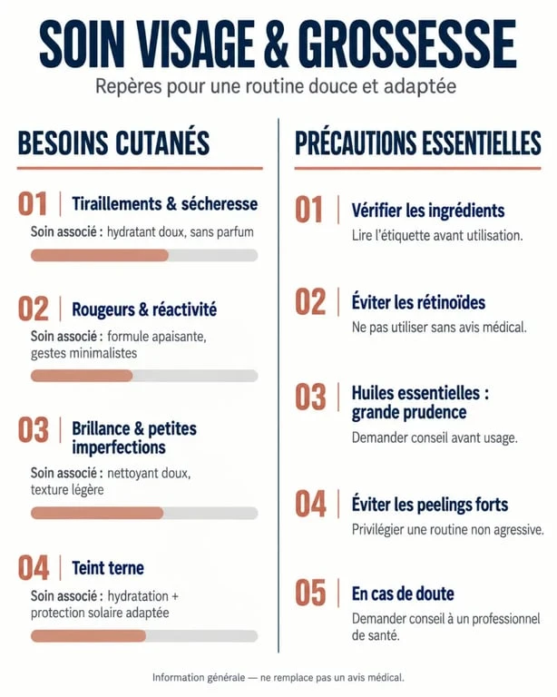 Infographie sur le soin visage femme enceinte et les précautions selon les besoins de la peau