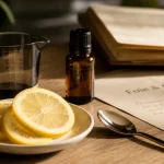 Foie et huiles essentielles : flacon d’huile essentielle et citron