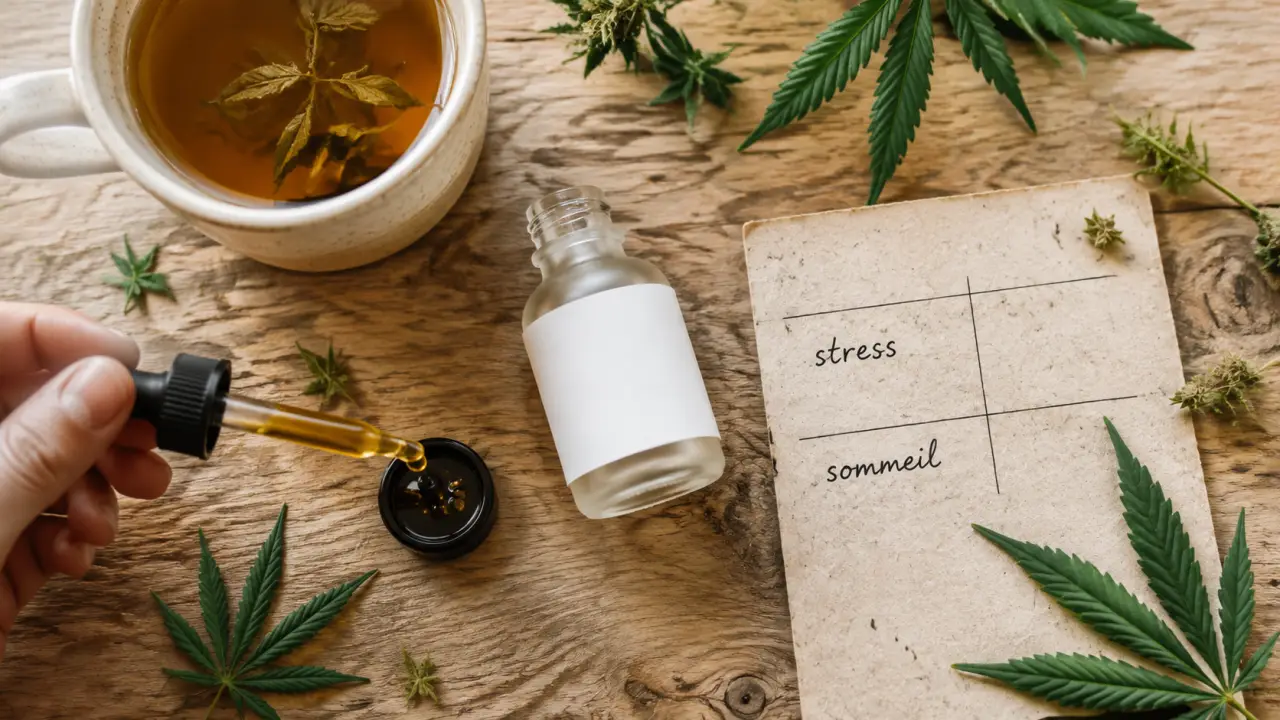 Huile cbd 15 bienfaits : pipette et gouttes pour sommeil et stress sur fond bois