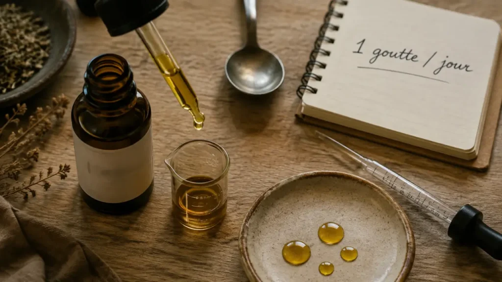 Huile CBD à 20 % : une goutte apporte souvent 10 mg, le dosage se règle progressivement