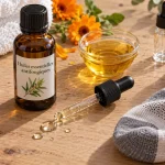 Huiles essentielles antifongiques : flacon de Tea Tree sur table bois avec huile végétale