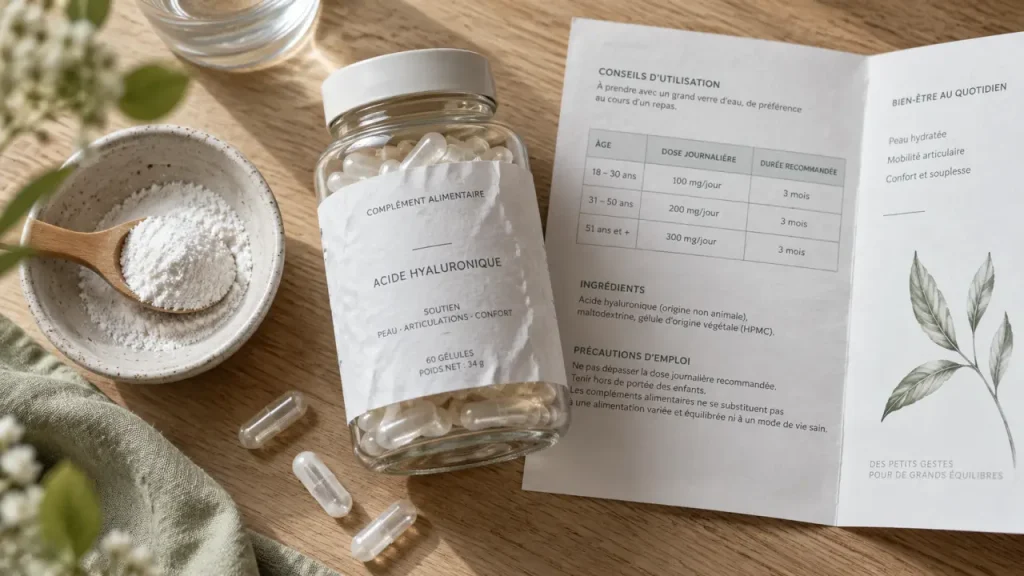 Acide hyaluronique complément alimentaire : que valent 350 mg, la vitamine C et le prix d’une cure ?