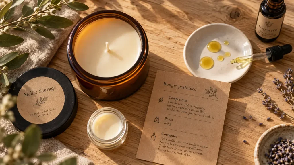 Bougies huiles essentielles : cire et composition en pot verre ambre