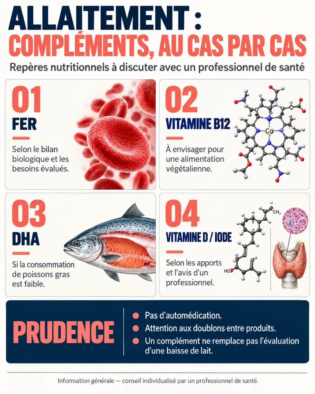 Infographie sur le complément alimentaire allaitement selon les besoins en fer, B12, DHA, vitamine D et iode