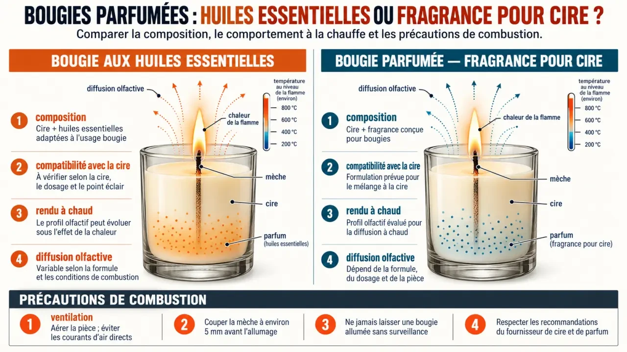 Infographie comparative sur les bougies huiles essentielles, la cire, la mèche et les précautions de combustion
