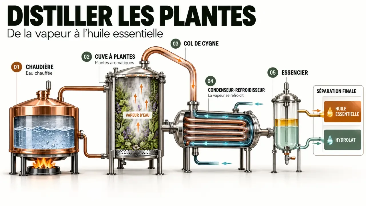 Schéma du fonctionnement d’un distillateur d’huiles essentielles avec séparation de l’hydrolat