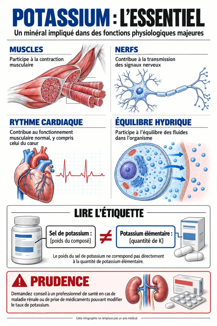 Infographie sur le complément alimentaire potassium, le potassium élémentaire et les précautions liées aux reins
