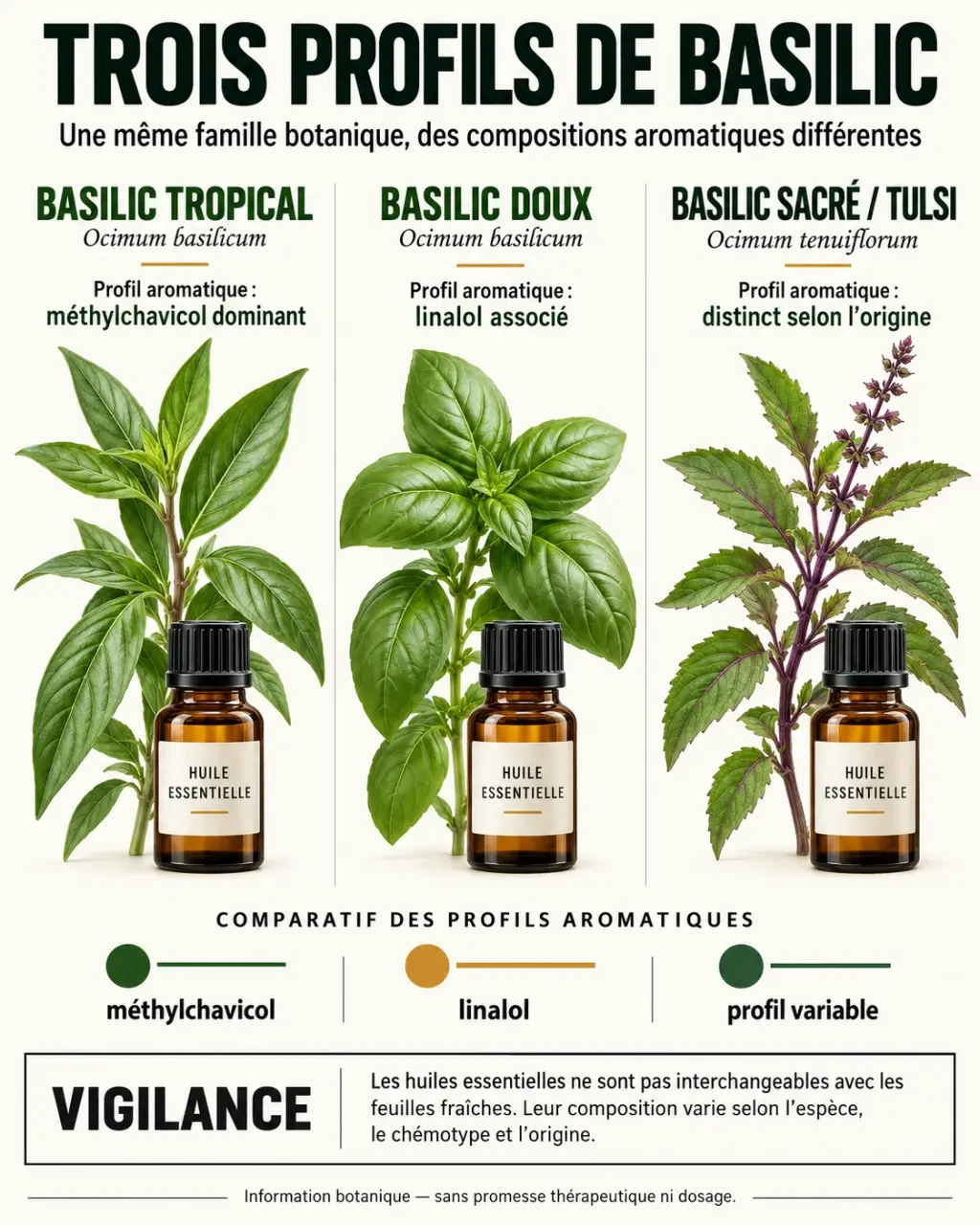 Infographie sur les huiles essentielles basilic tropical et les différences entre basilic tropical, basilic doux et basilic sacré