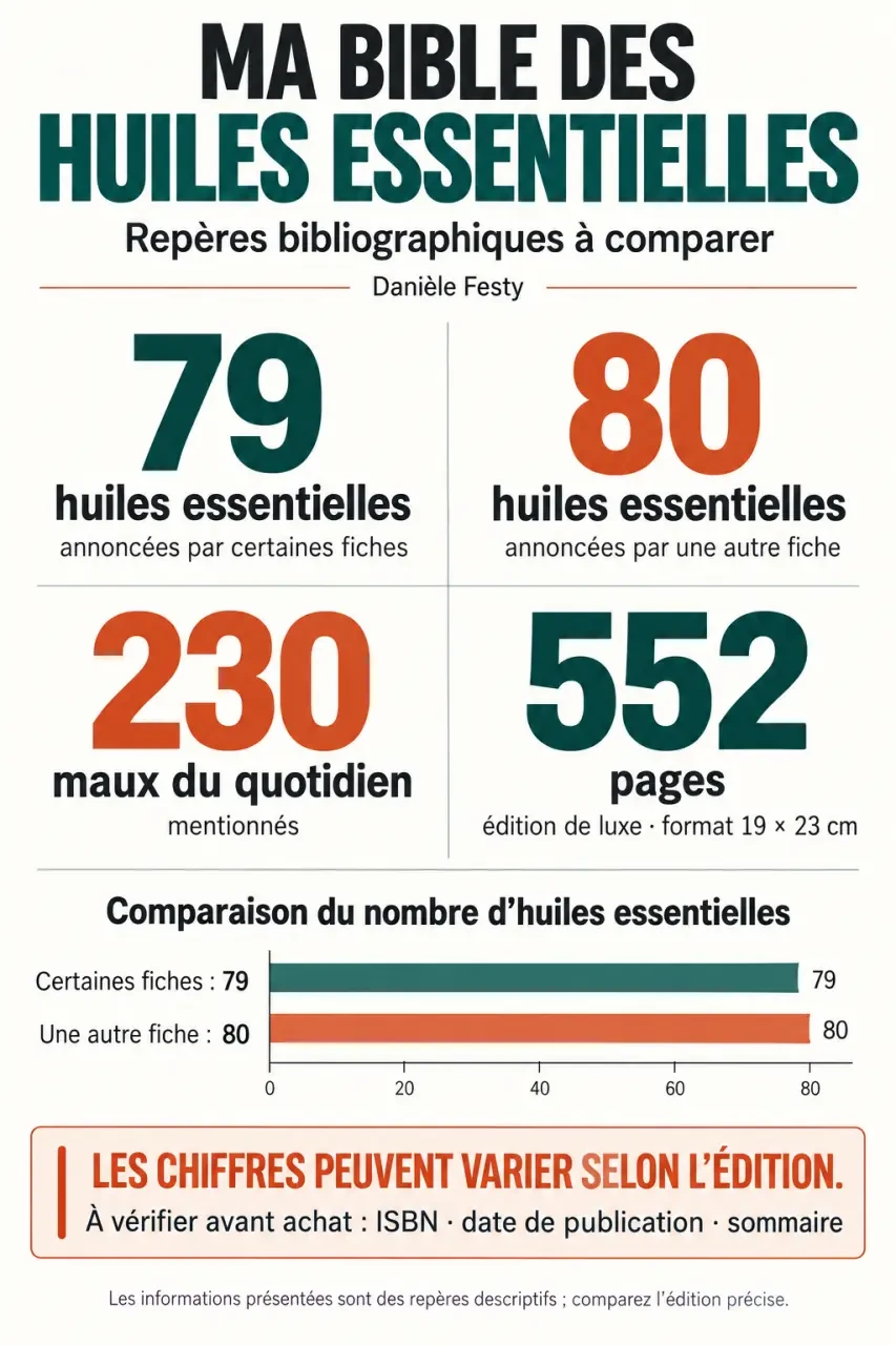 Ma bible des huiles essentielles : infographie des différences entre éditions et des repères bibliographiques