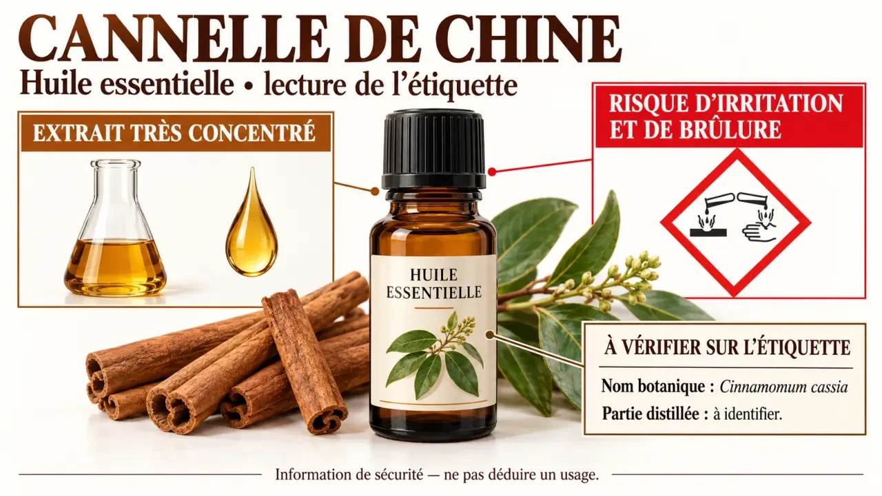 Huile essentielle de cannelle de Chine : extrait concentré, risques d’irritation et vérification du flacon