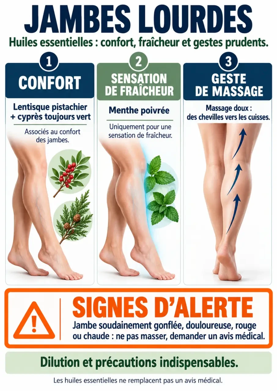 Infographie sur les huiles essentielles jambes lourdes, leurs usages, le massage doux et les signes d'alerte