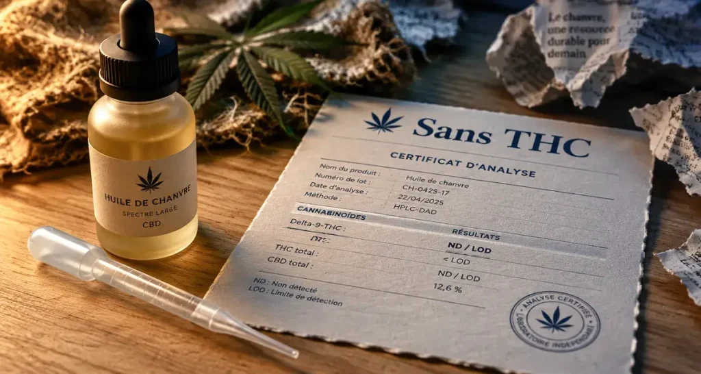 Huile CBD sans THC origine, certificat avec Delta-9-THC ND / LOD