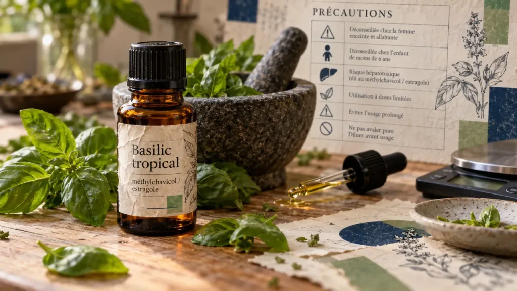 Huile essentielle de basilic tropical : le confort digestif ne dispense pas de précautions