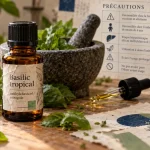 Huiles essentielles basilic tropical, flacon et feuilles de basilic, précautions digestives