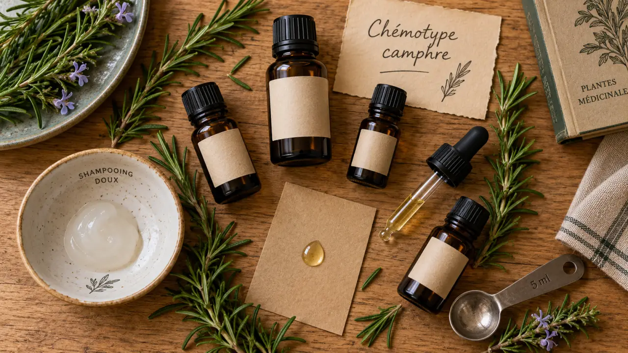 Huiles essentielles romarin cheveux, chémotype camphre : huiles et étiquette